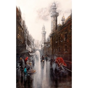 K Mehmood, 30 x 48 Inch, Acrylic and Charcoal on Canvas, Cityscape Painting, AC-KHM-006